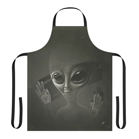 Illustration of a grey alien face on a black apron, perfect for sci-fi inspired cooking and kitchen tasks.