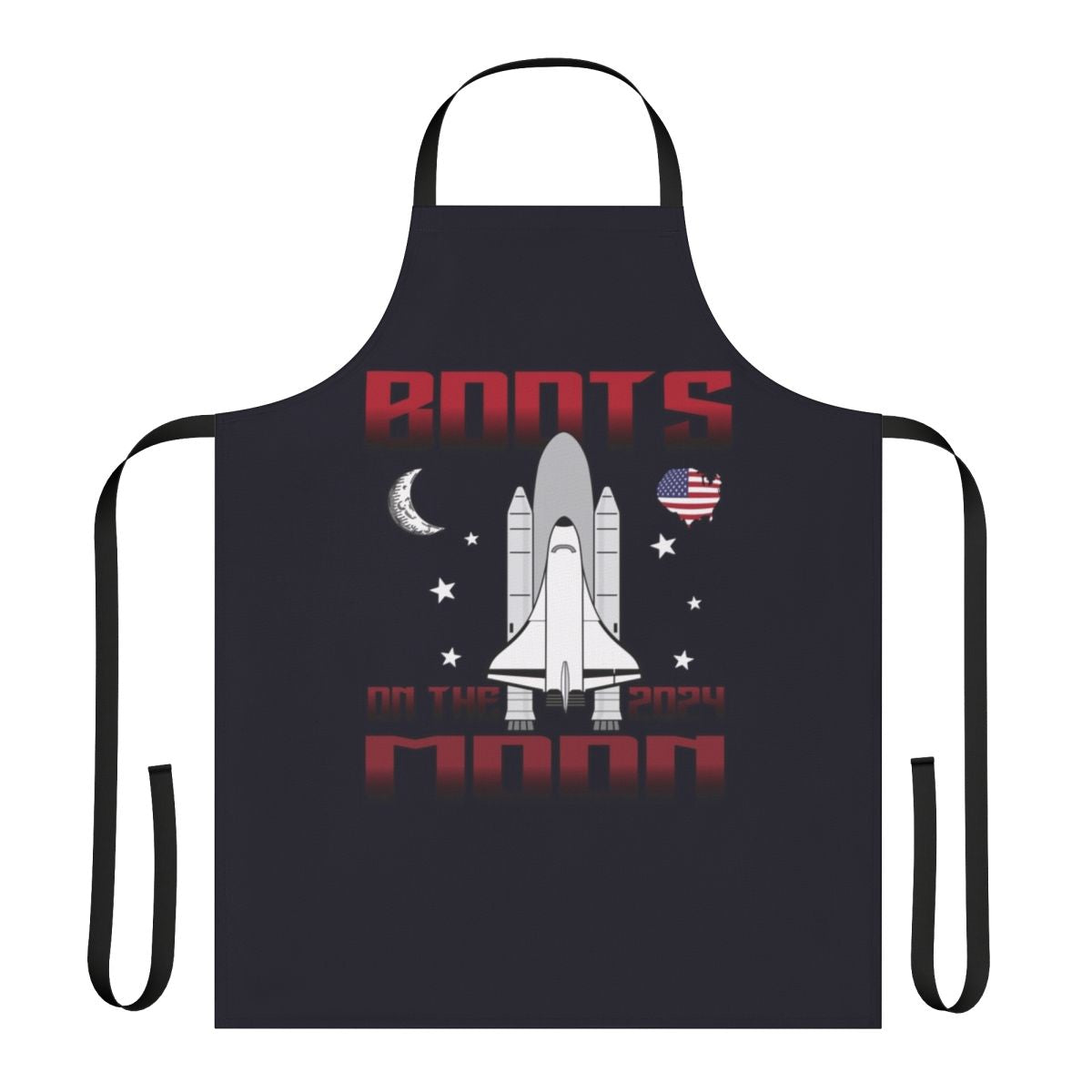 Space-themed apron with "Boots on the Moon" quote and rocket ship design