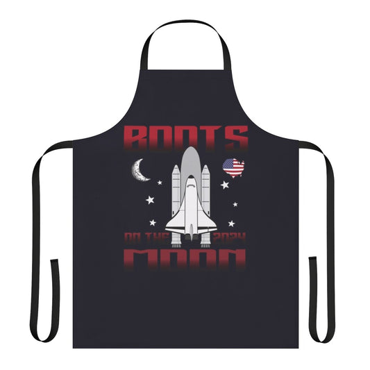 Space-themed apron with "Boots on the Moon" quote and rocket ship design
