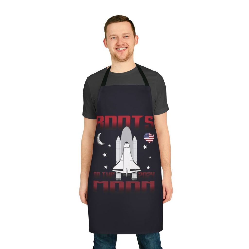 Space-themed apron with "Boots on the Moon" quote and rocket ship design