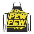 A black and yellow apron with a "Pew Pew Pew" space-themed design, perfect for laser battles and galactic cooking.