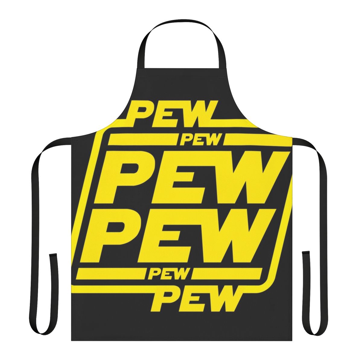 A black and yellow apron with a "Pew Pew Pew" space-themed design, perfect for laser battles and galactic cooking.
