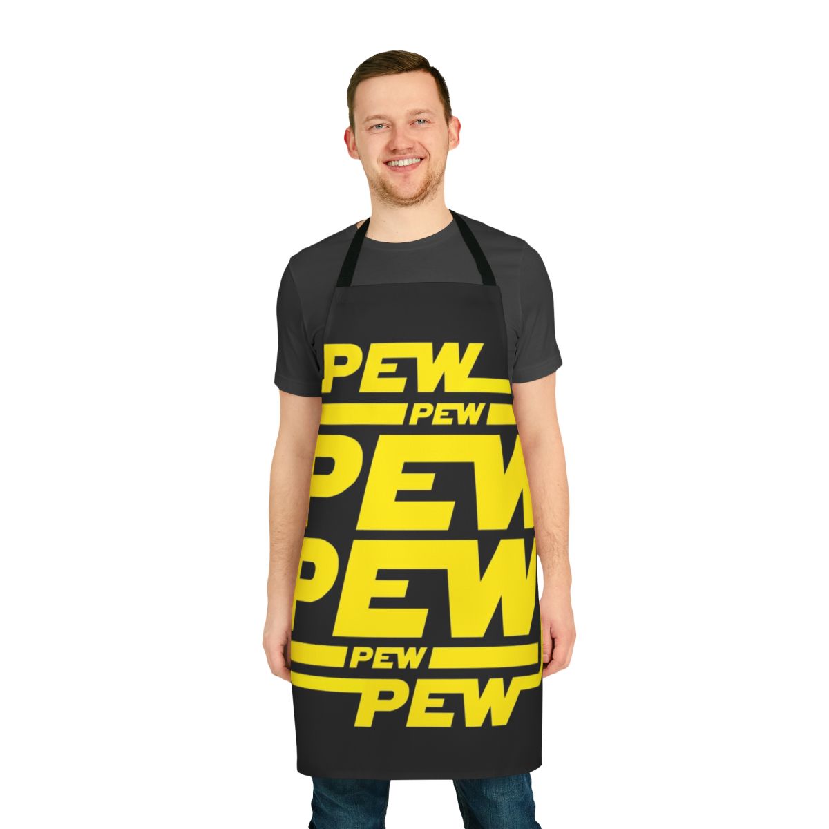 A black and yellow apron with a "Pew Pew Pew" space-themed design, perfect for laser battles and galactic cooking.