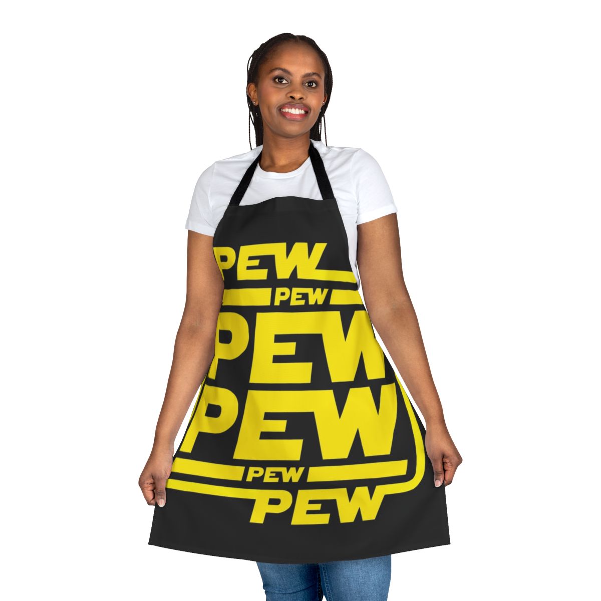 A black and yellow apron with a "Pew Pew Pew" space-themed design, perfect for laser battles and galactic cooking.