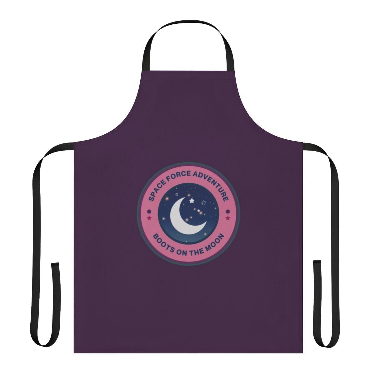 Space Force-themed apron with boots on the moon and starry night sky design