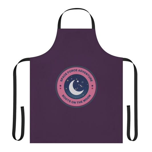Space Force-themed apron with boots on the moon and starry night sky design