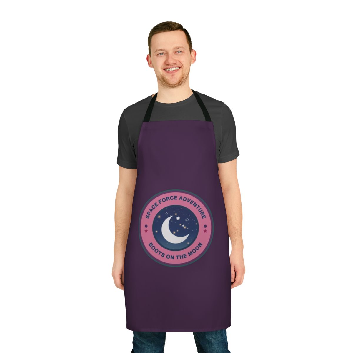 Space Force-themed apron with boots on the moon and starry night sky design