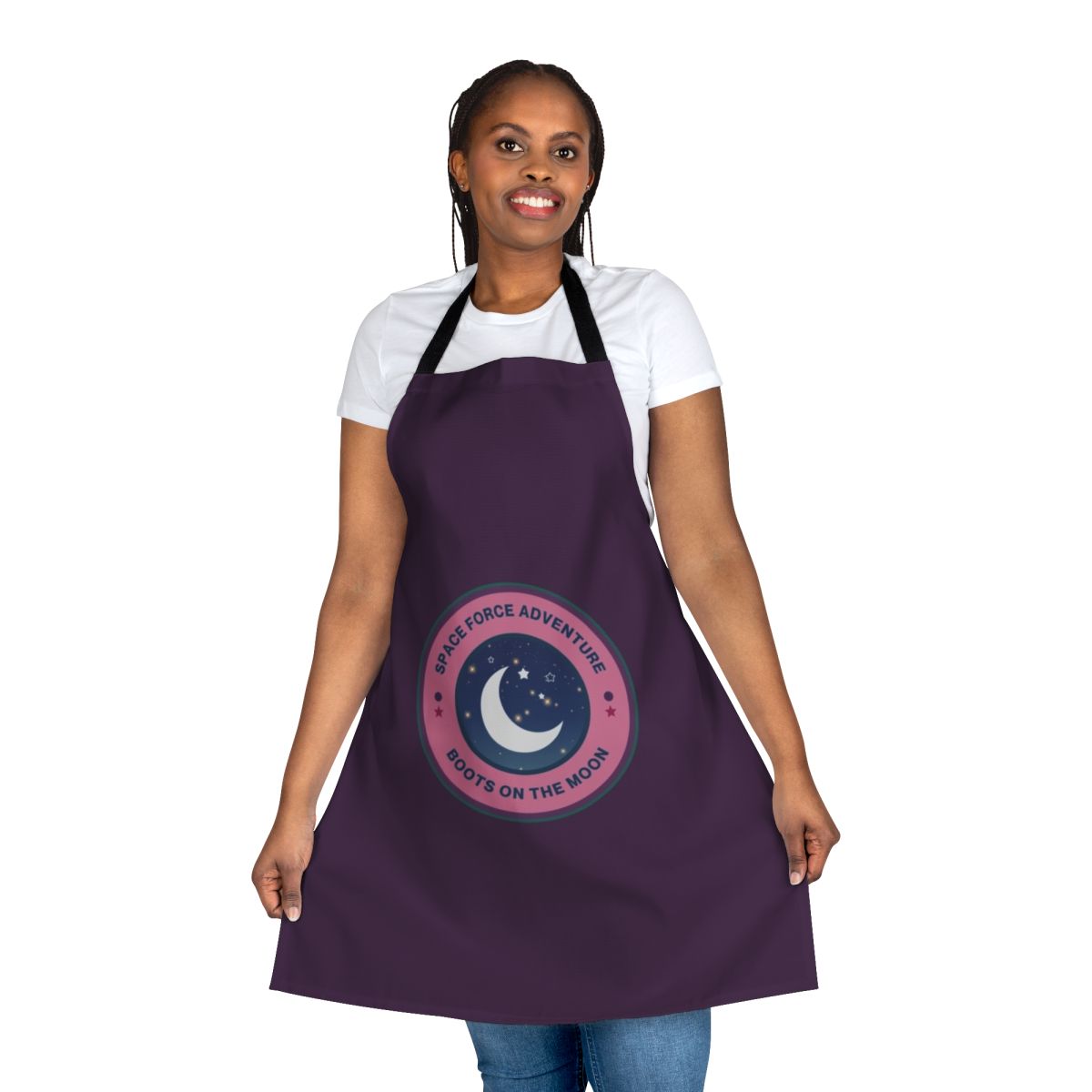 Space Force-themed apron with boots on the moon and starry night sky design
