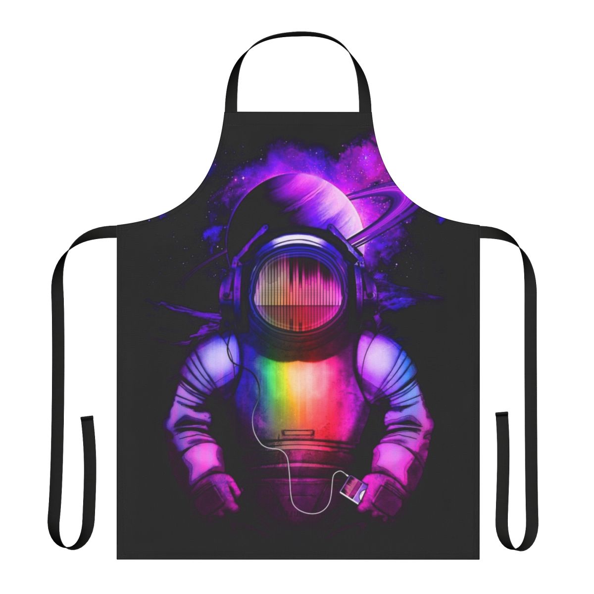 A stylish apron featuring a design of a spaceman listening to music in outer space.