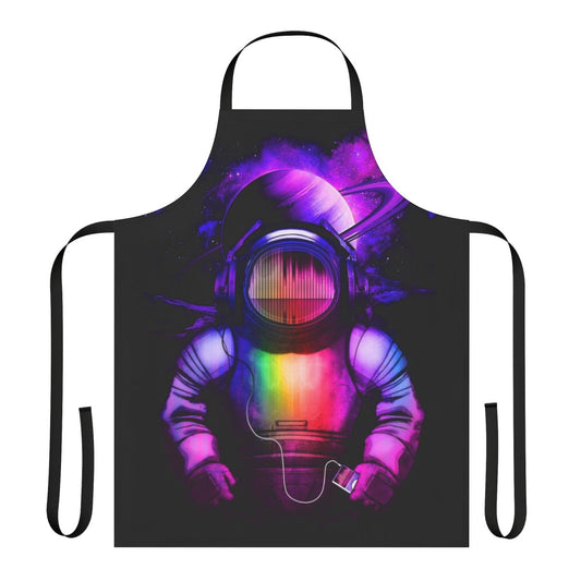 A stylish apron featuring a design of a spaceman listening to music in outer space.