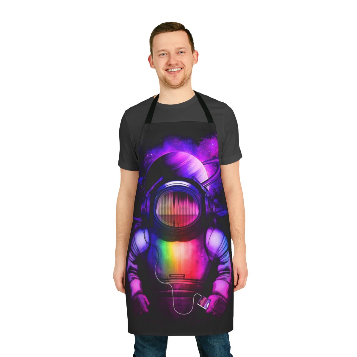 A stylish apron featuring a design of a spaceman listening to music in outer space.