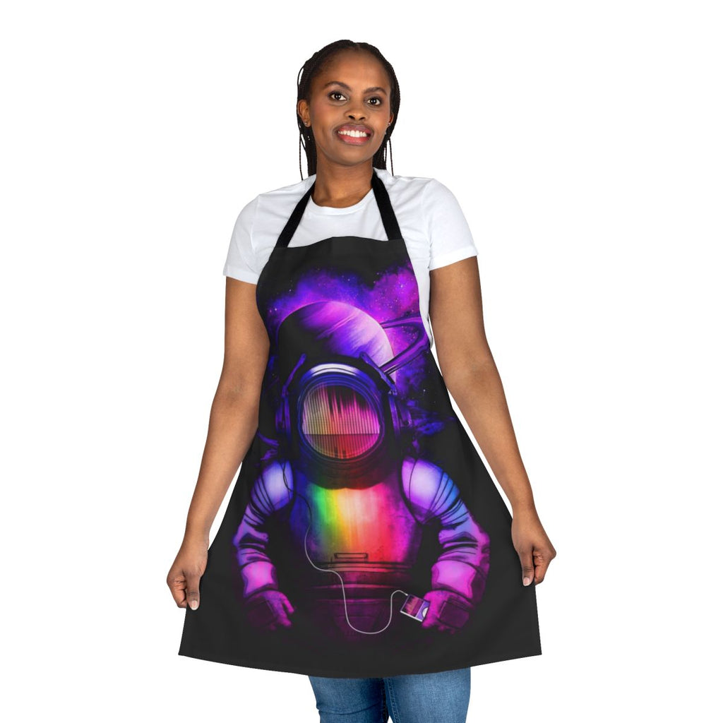 A stylish apron featuring a design of a spaceman listening to music in outer space.