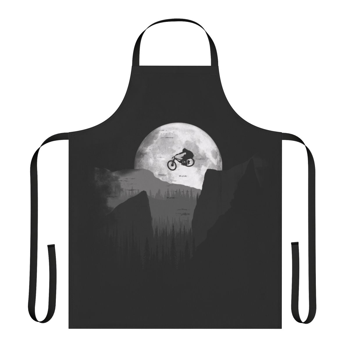 Mountain biker wearing a durable, stylish apron with a moon and bike graphic