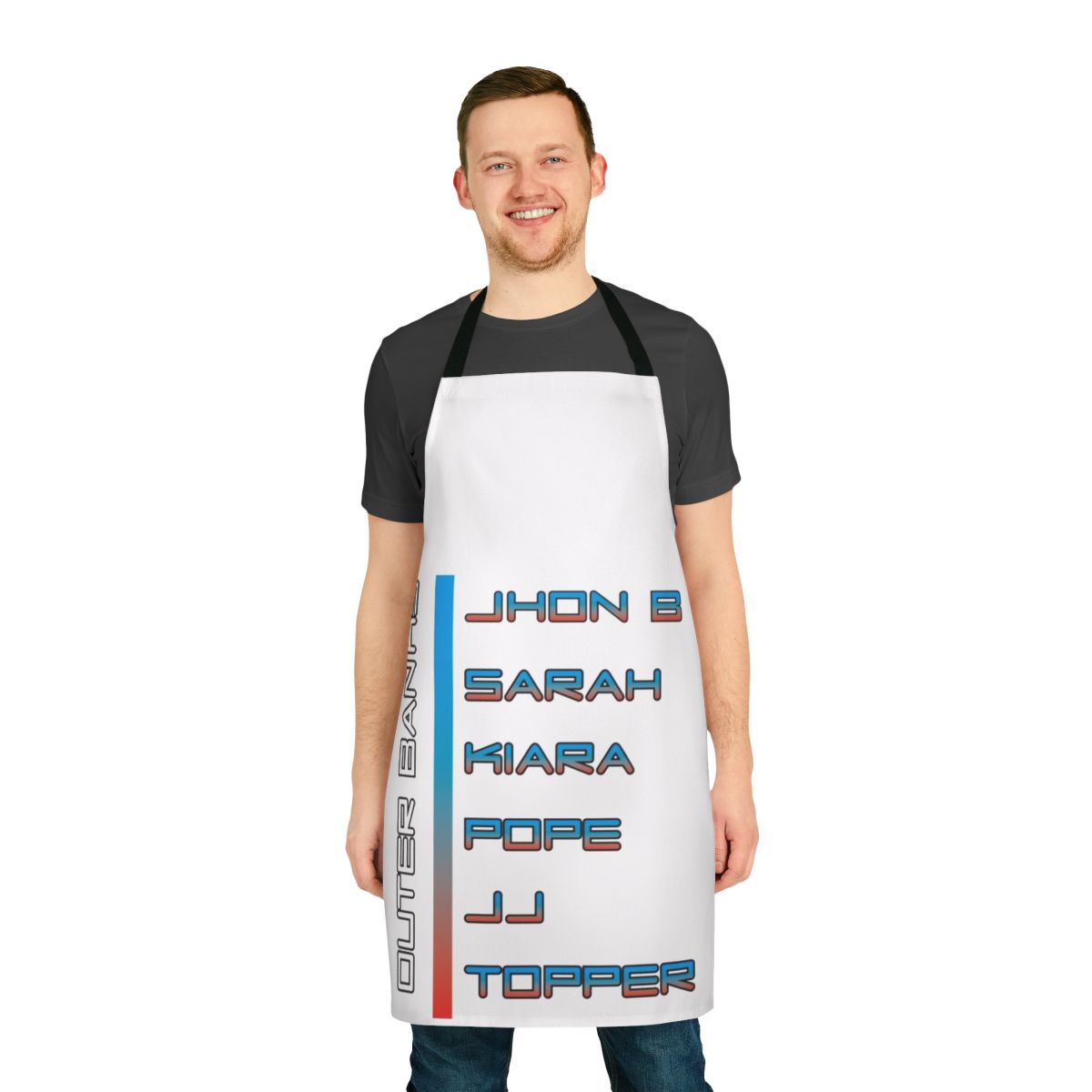 Outer Banks Characters Apron featuring Kiara, JJ, John B, Pope, and other popular characters from the Netflix series