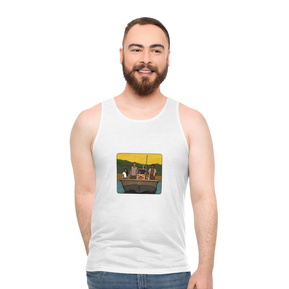 Outer Banks OBX unisex tank top with coastal and Netflix TV show graphics