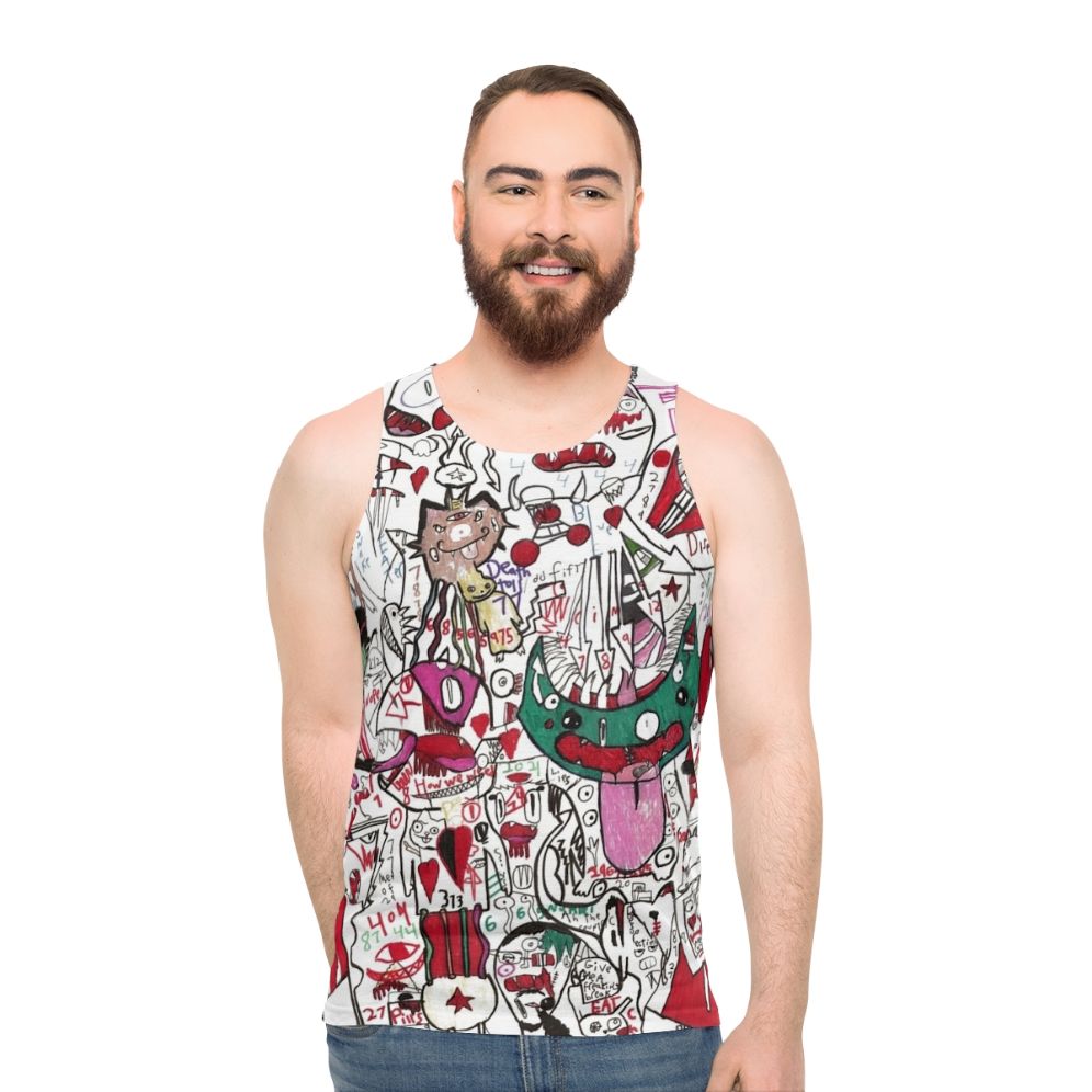 Psychedelic unisex tank top with morph, anime, and funky art design