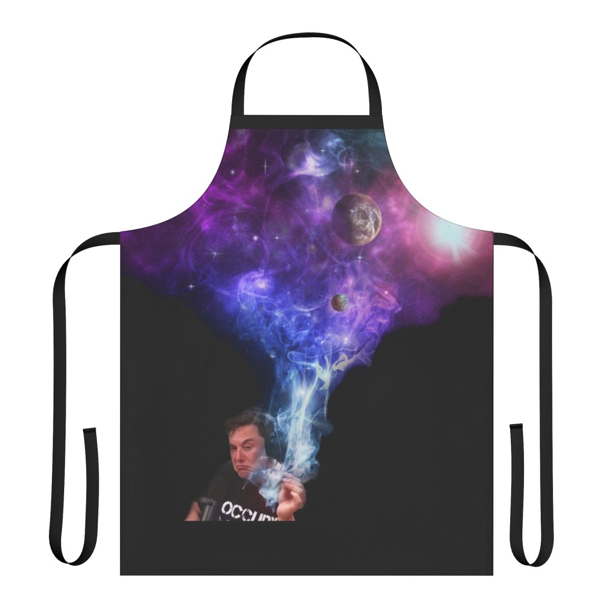 Outer space-themed apron featuring Elon Musk smoking a joint