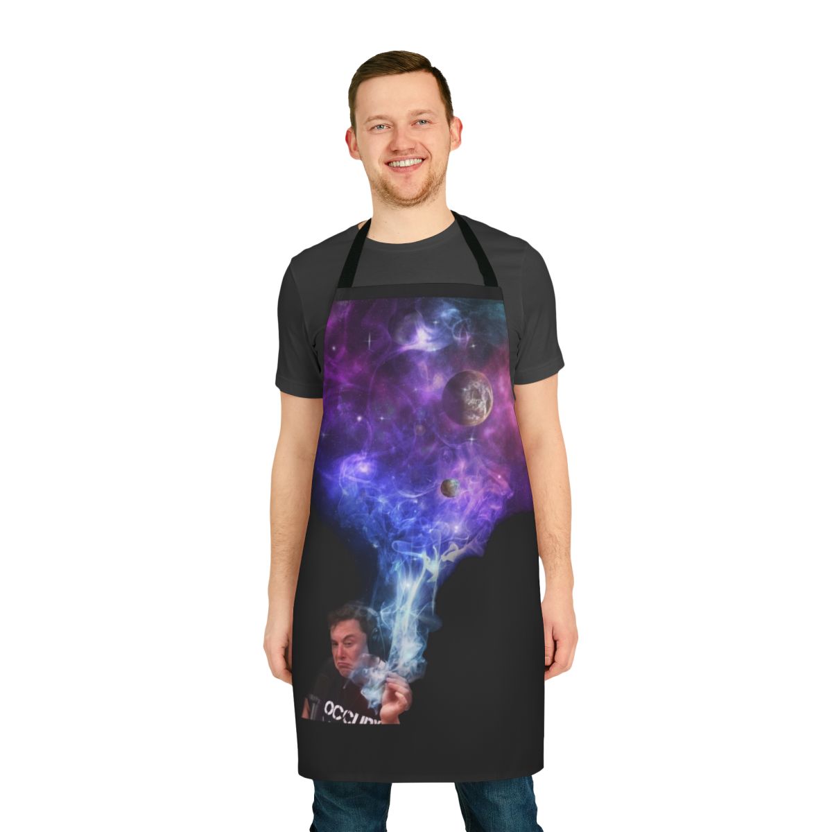 Outer space-themed apron featuring Elon Musk smoking a joint