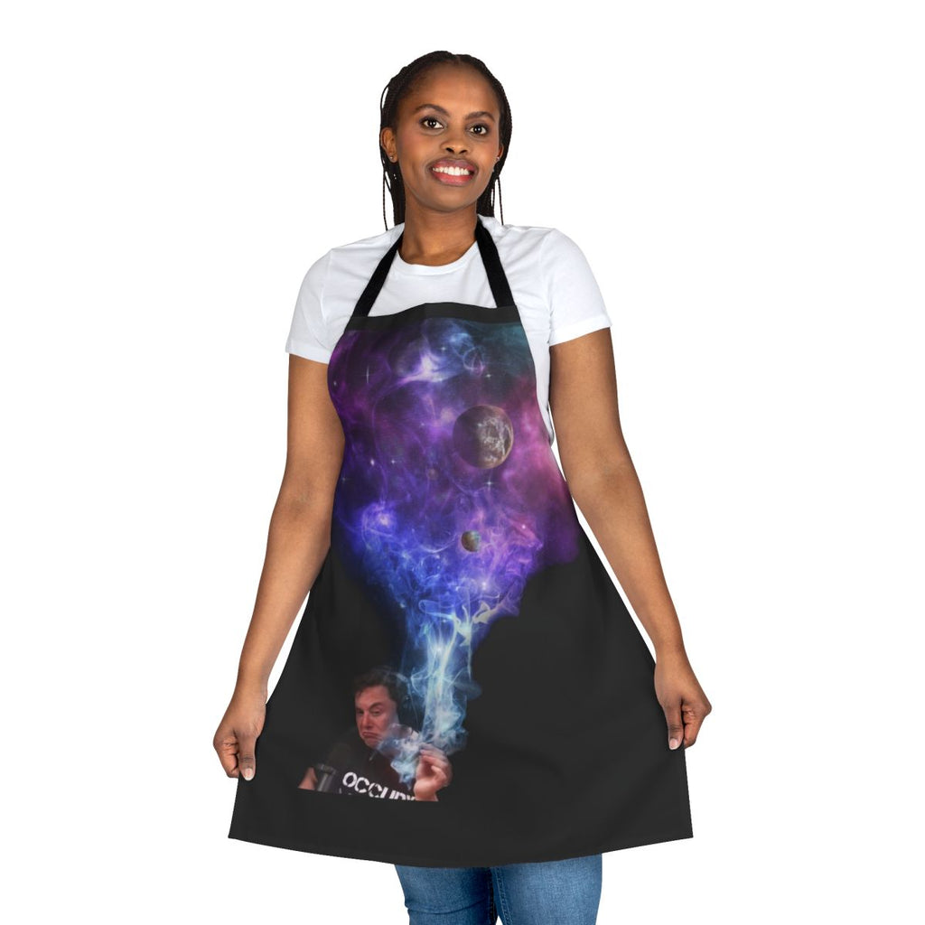Outer space-themed apron featuring Elon Musk smoking a joint