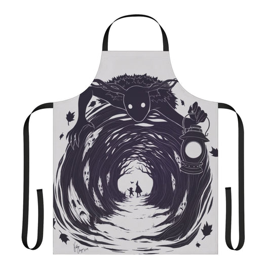 A black and white fantasy art apron featuring characters and imagery from the cartoon series Over The Garden Wall.