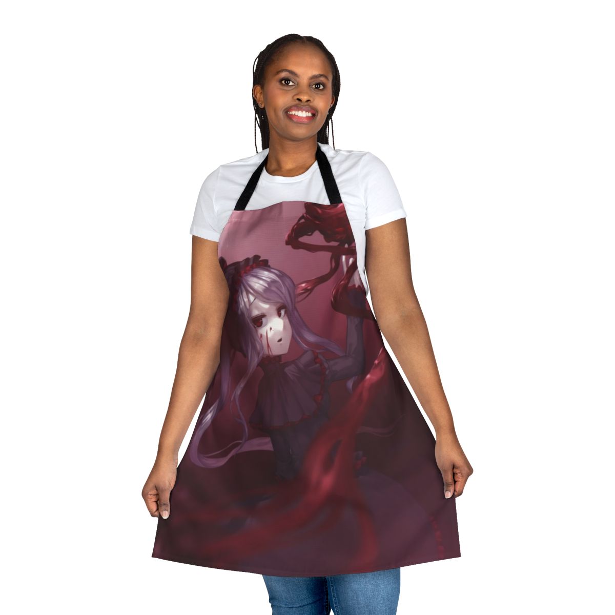 Shalltear Bloodfallen character from Overlord anime/manga depicted on a high-quality apron for anime fans and otakus.