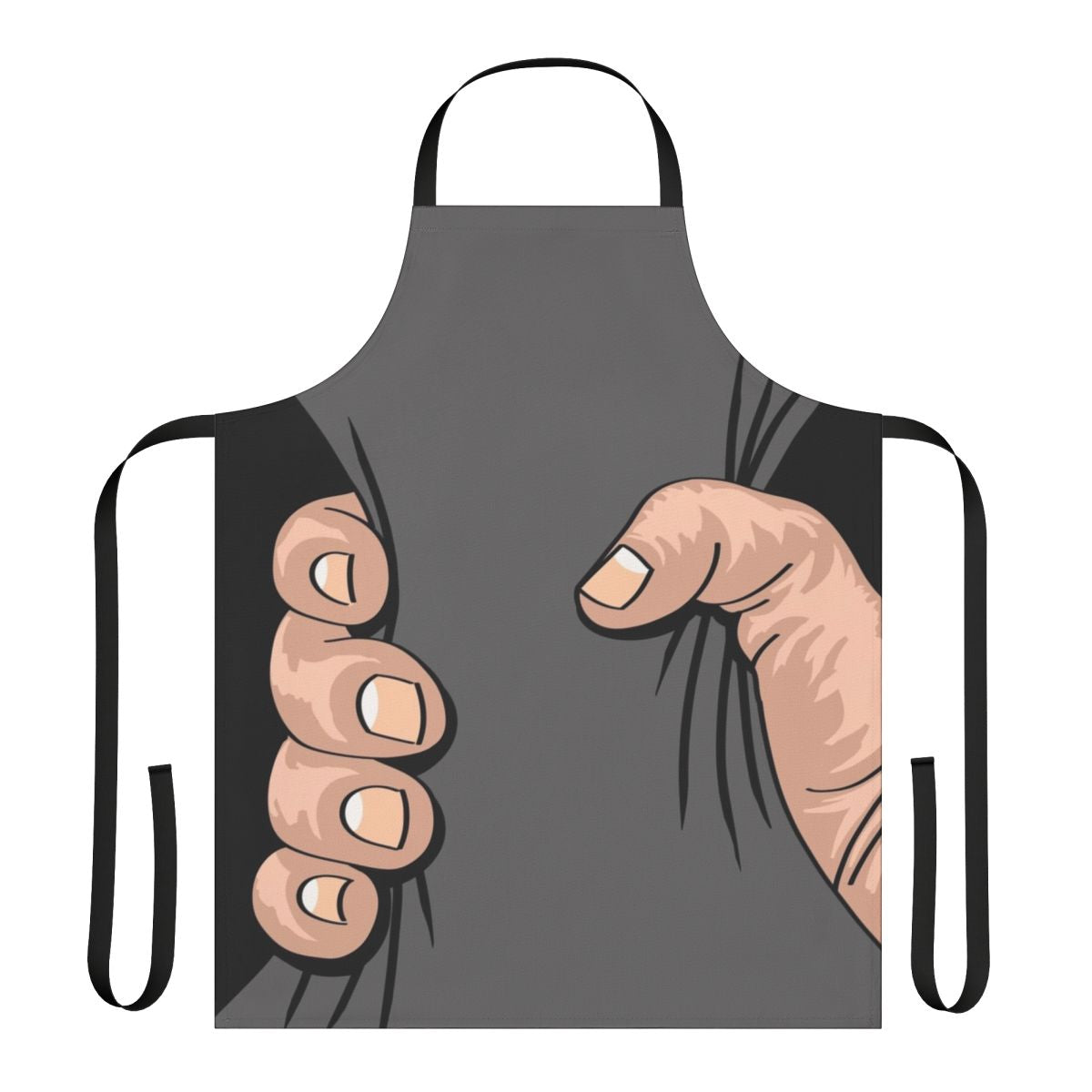 Illustration of a large, comically exaggerated hand squeezing an apron, creating a humorous and eye-catching visual.