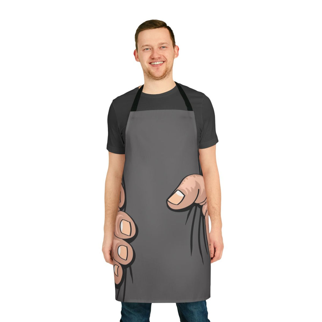 Illustration of a large, comically exaggerated hand squeezing an apron, creating a humorous and eye-catching visual.