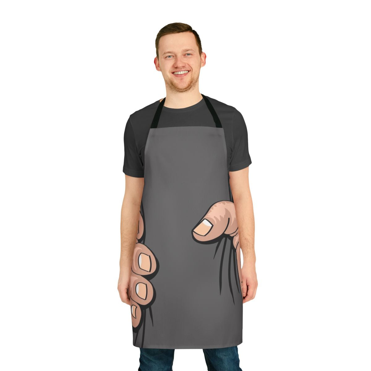 Illustration of a large, comically exaggerated hand squeezing an apron, creating a humorous and eye-catching visual.