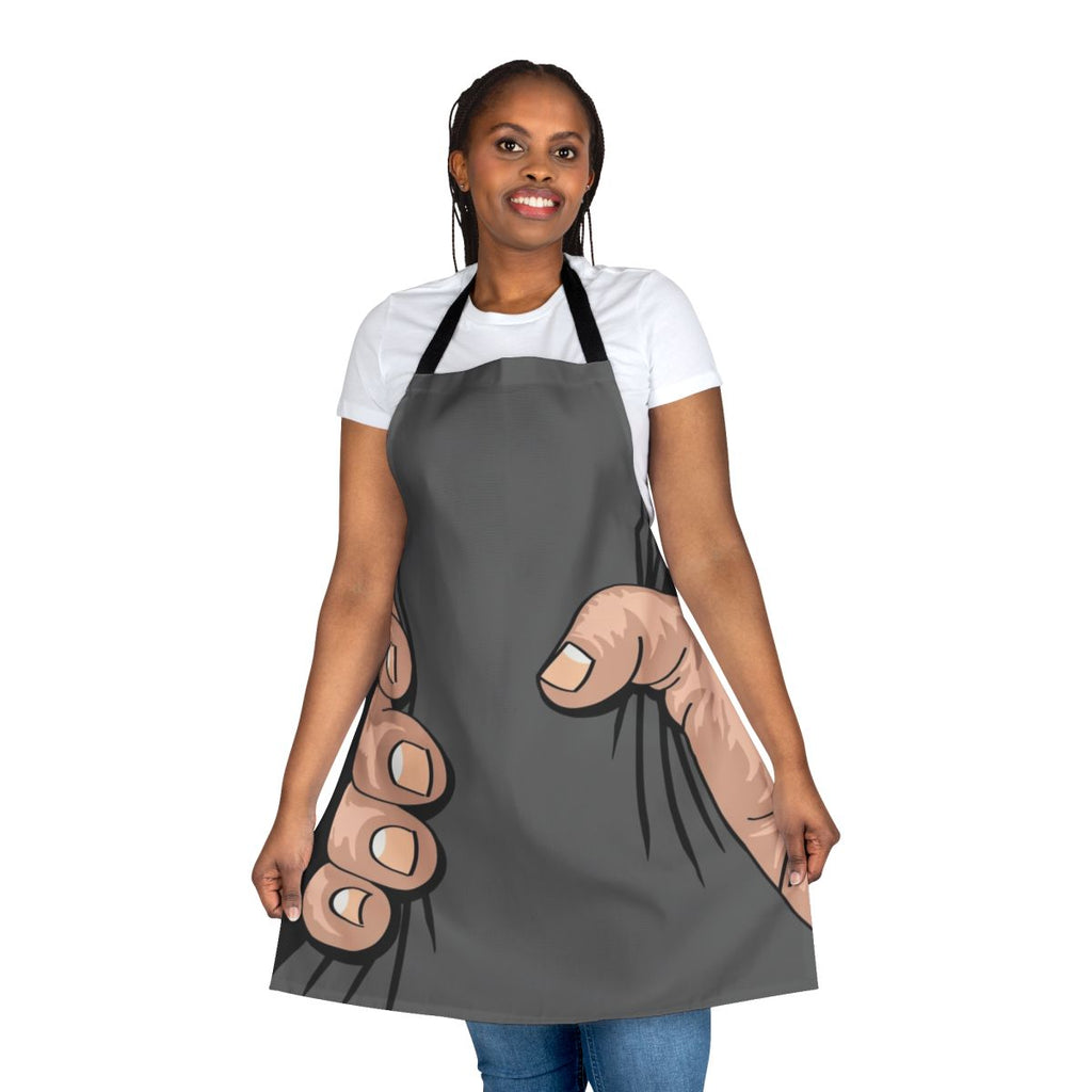 Illustration of a large, comically exaggerated hand squeezing an apron, creating a humorous and eye-catching visual.