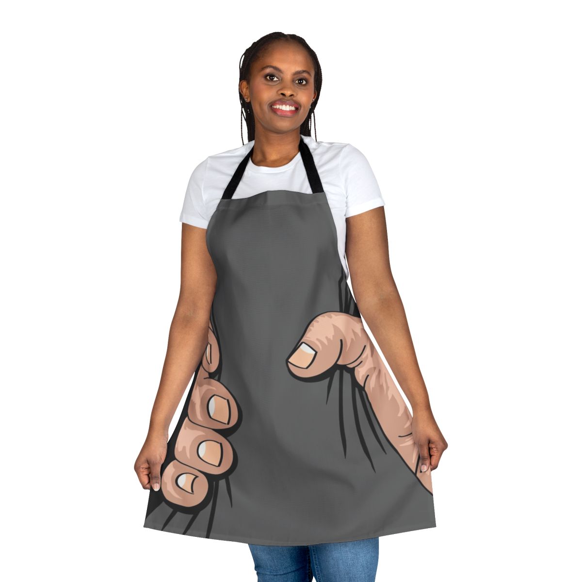Illustration of a large, comically exaggerated hand squeezing an apron, creating a humorous and eye-catching visual.