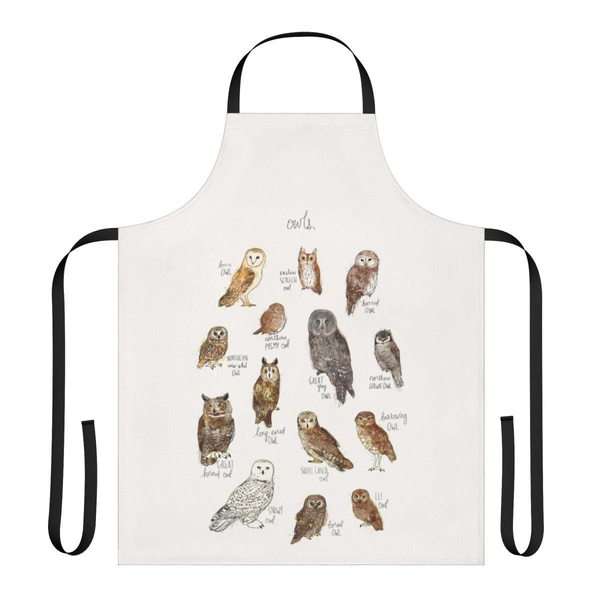 Owls-themed apron with various owl designs and illustrations