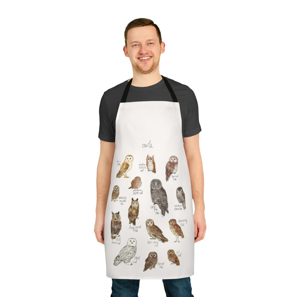 Owls-themed apron with various owl designs and illustrations