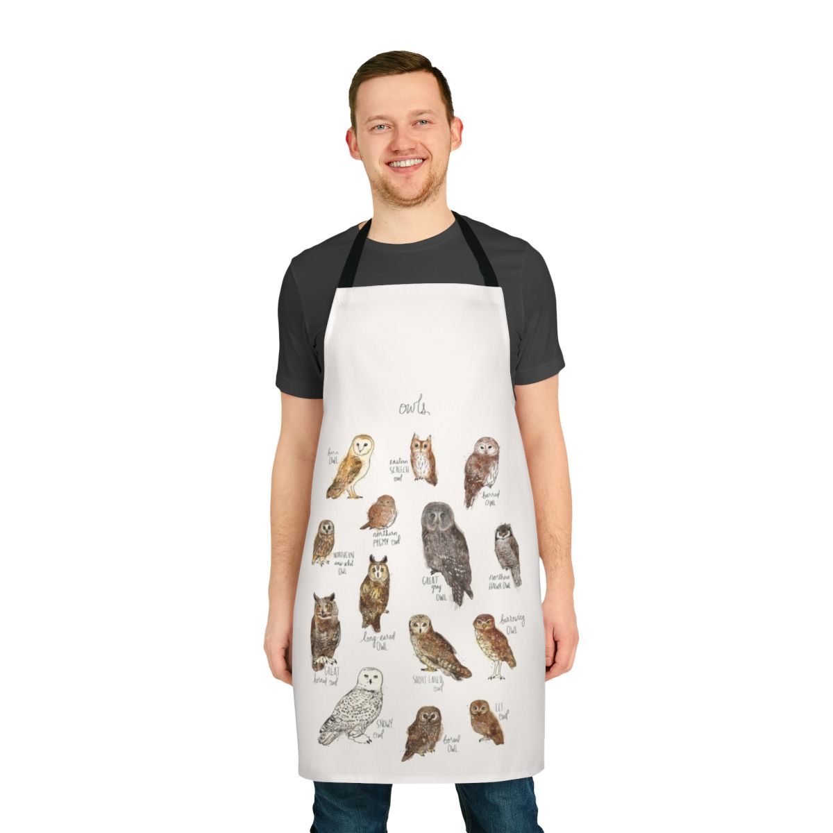Owls-themed apron with various owl designs and illustrations