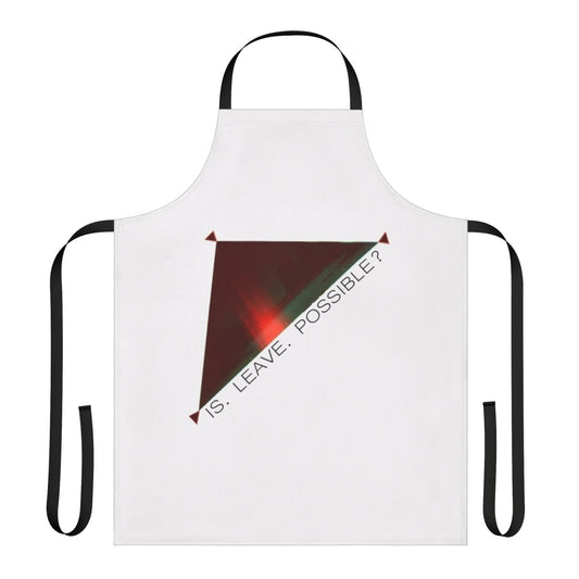 "Oxenfree-inspired 'Leave Possible' apron featuring geometric triangle design"