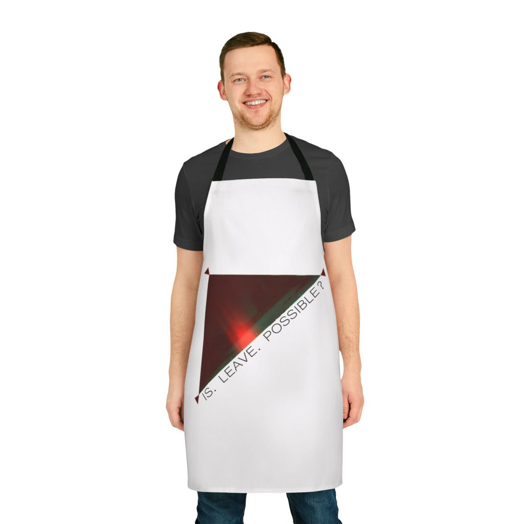 "Oxenfree-inspired 'Leave Possible' apron featuring geometric triangle design"