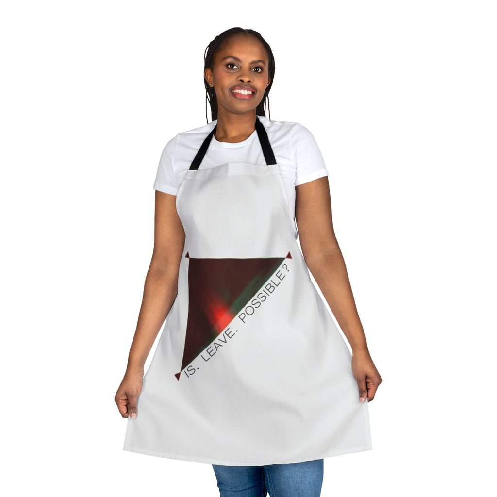 "Oxenfree-inspired 'Leave Possible' apron featuring geometric triangle design"