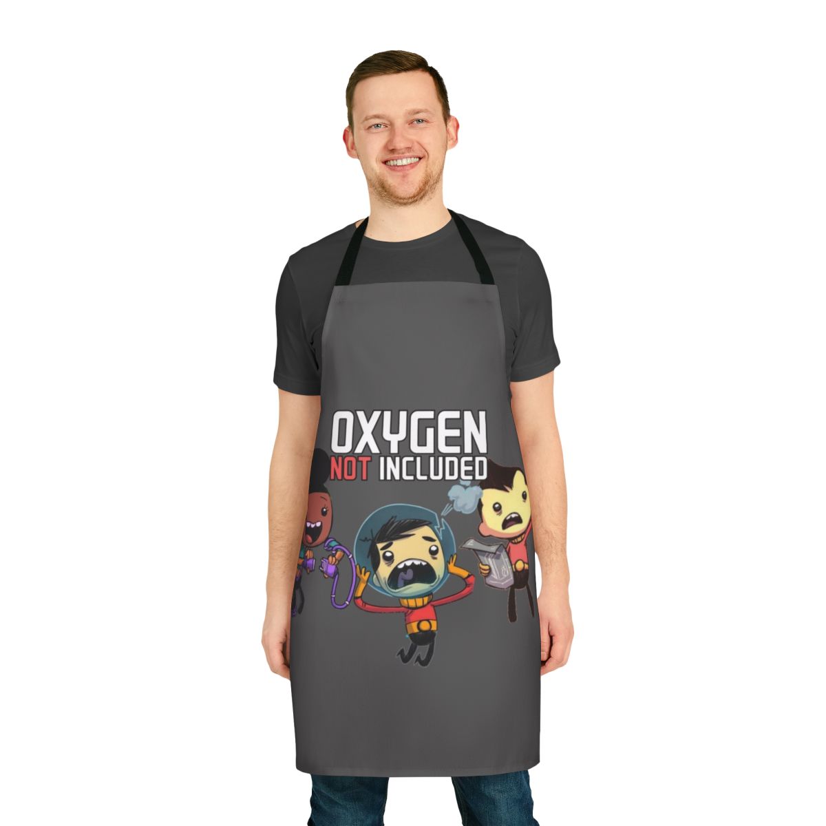 Oxygen Not Included Inspired Apron featuring the game's iconic logo and design