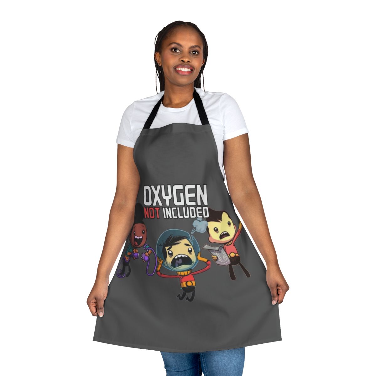 Oxygen Not Included Inspired Apron featuring the game's iconic logo and design