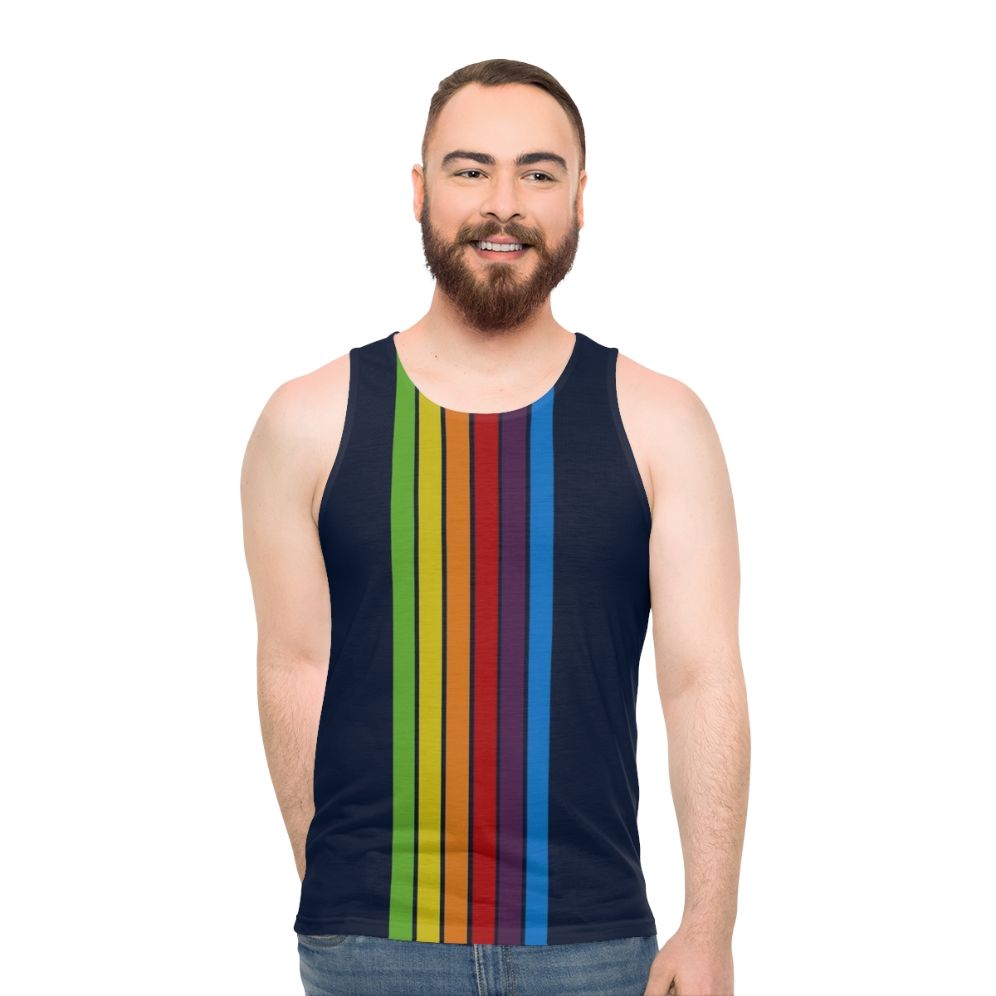 Unisex tank top in pacific blue with a minimalist retro design