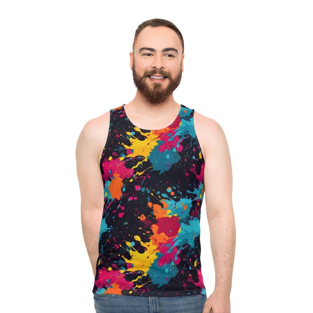 Colorful paint splatter design on a unisex tank top