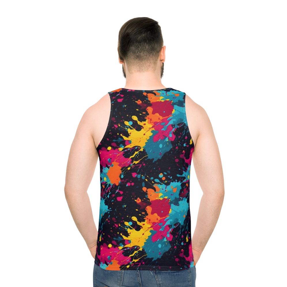 Colorful paint splatter design on a unisex tank top