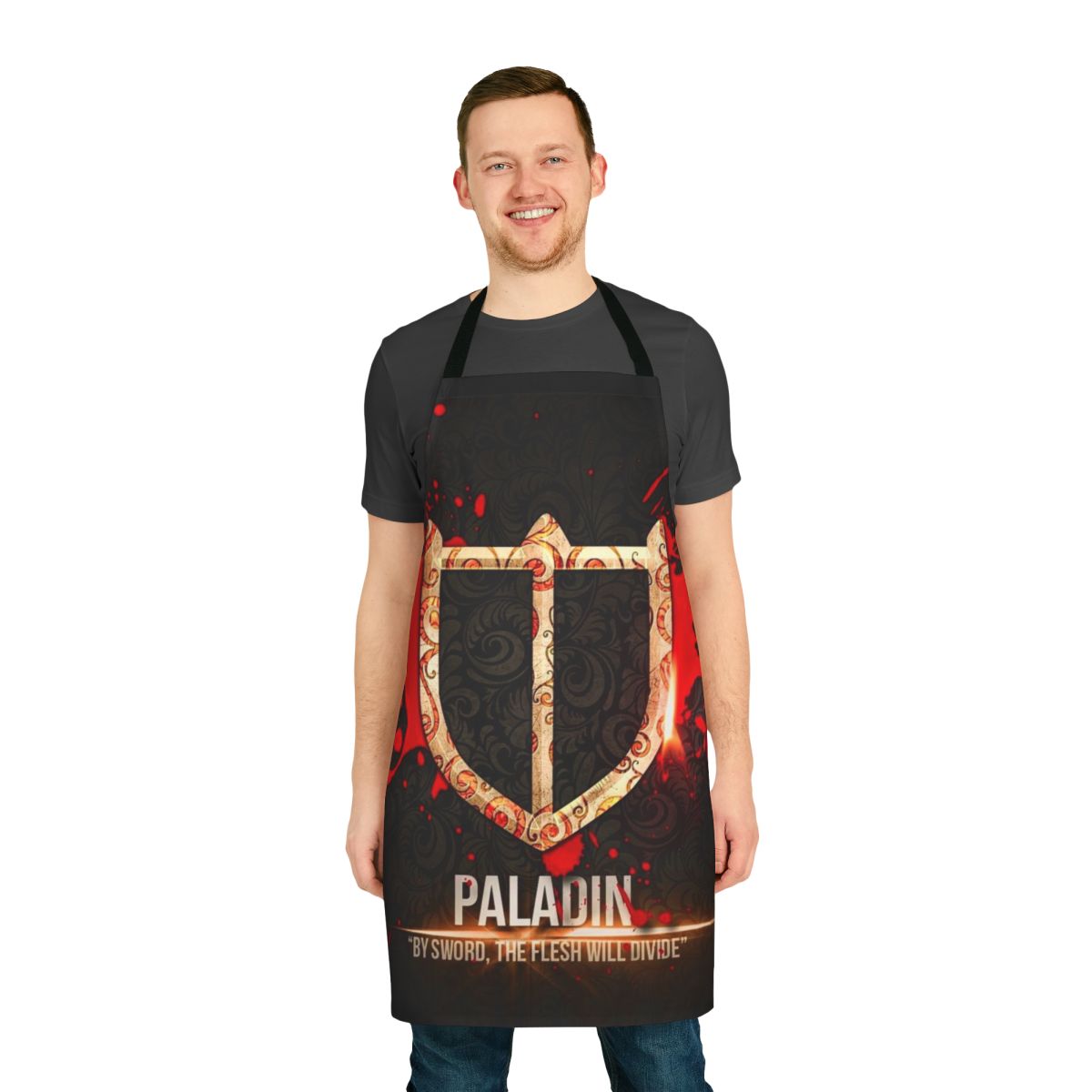 Paladin-inspired apron featuring Final Fantasy elements like crystals and swords