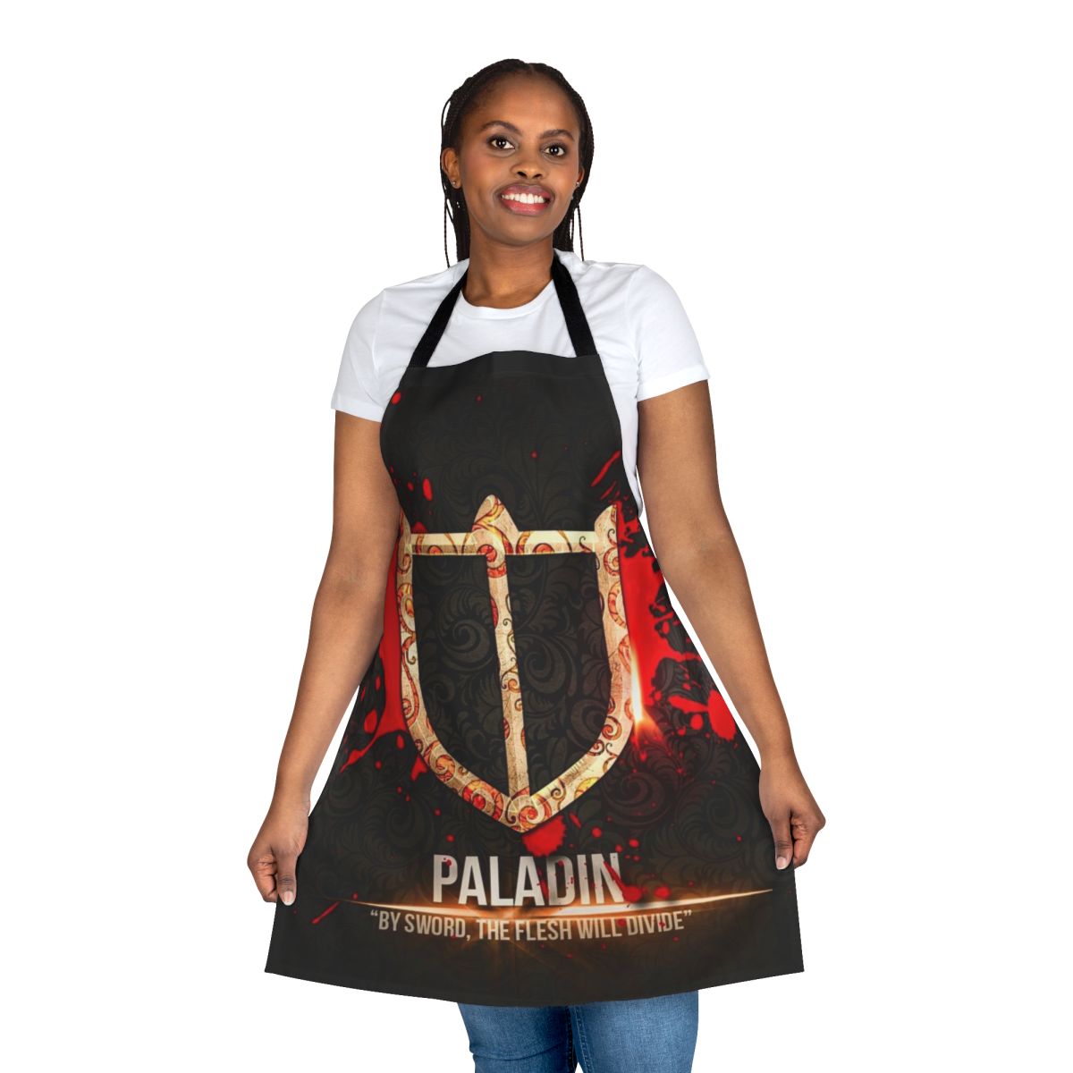 Paladin-inspired apron featuring Final Fantasy elements like crystals and swords