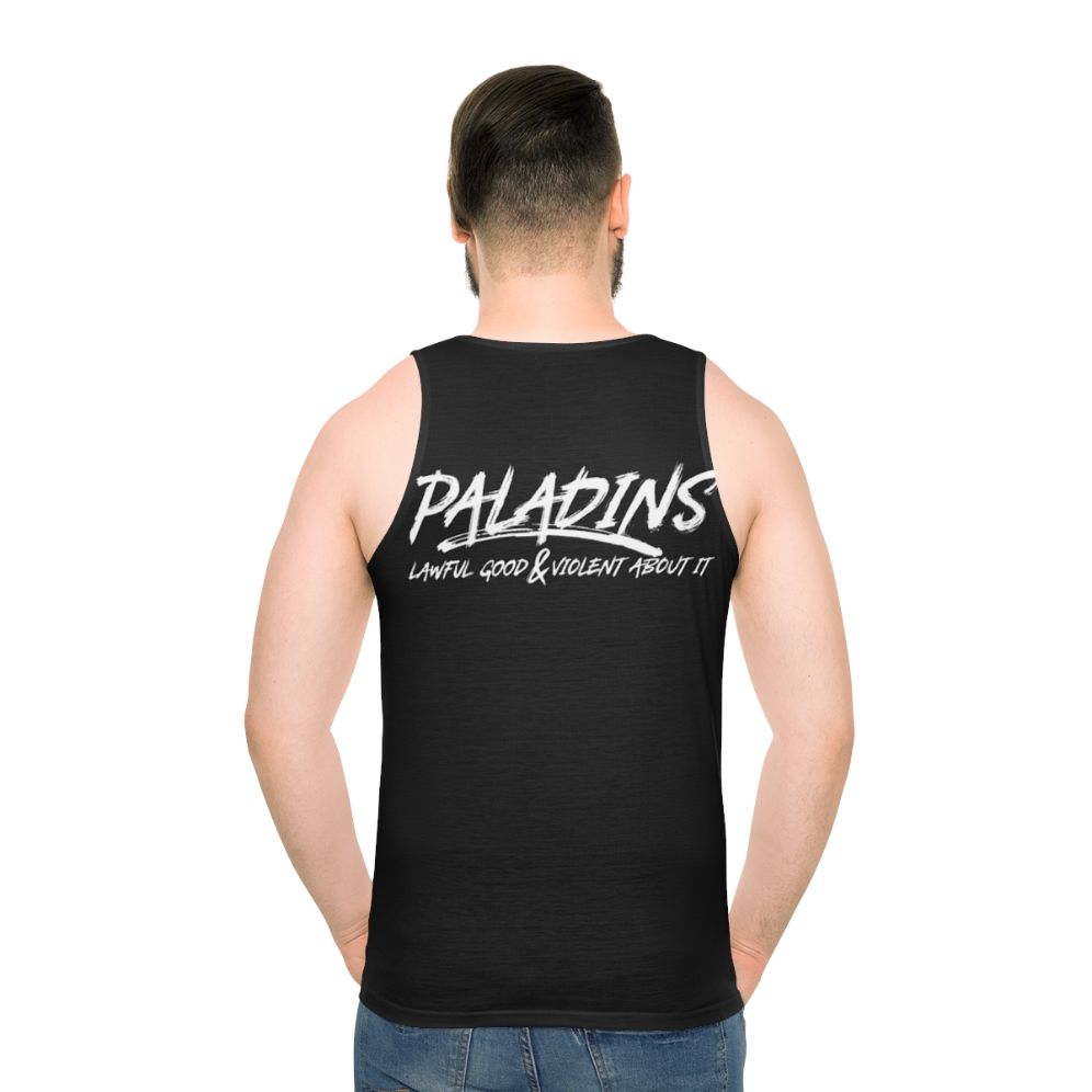 Paladin unisex tank top with "Lawful Good and Violent About It" design