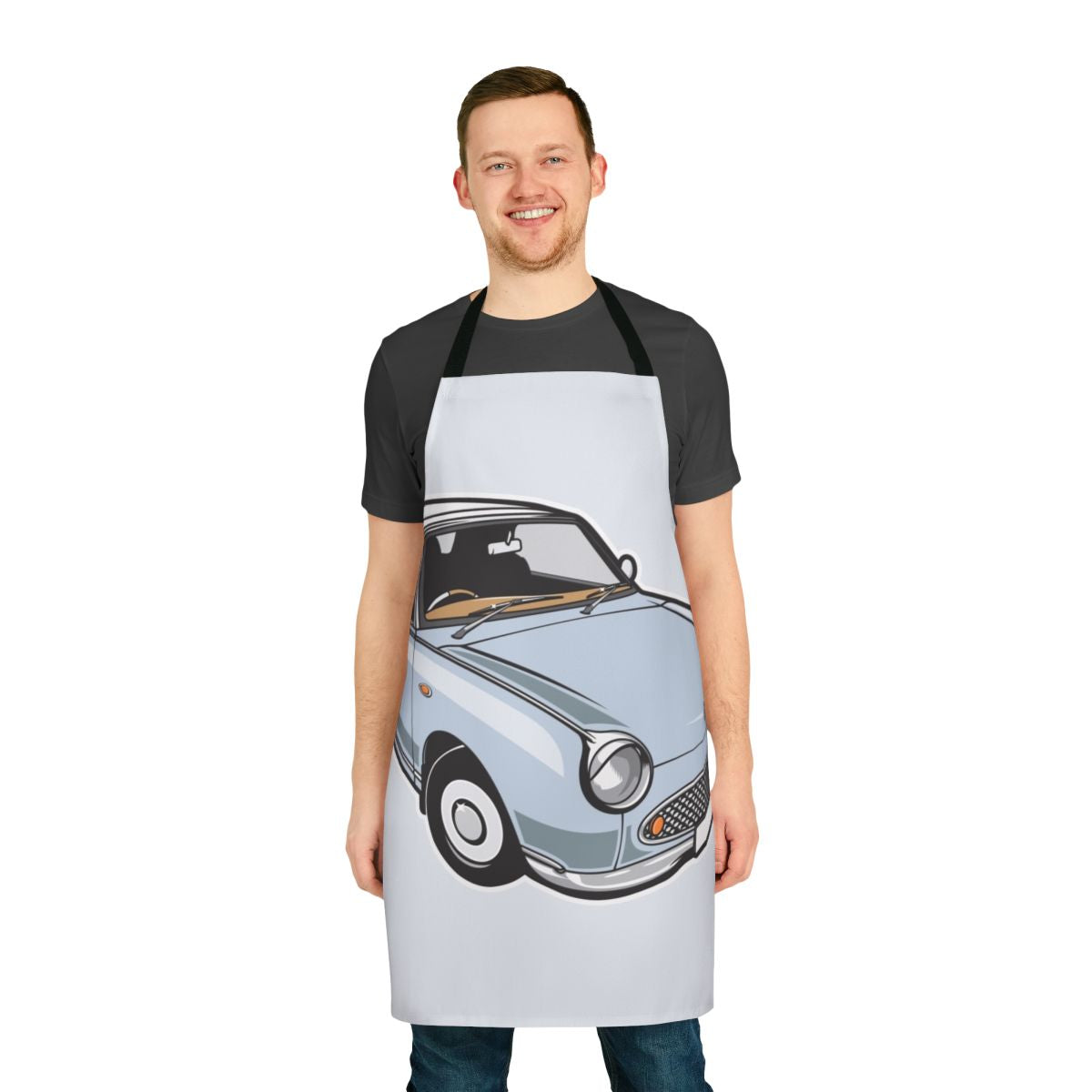 Pale aqua apron featuring a graphic of the Nissan Figaro, a beloved vintage Japanese car.