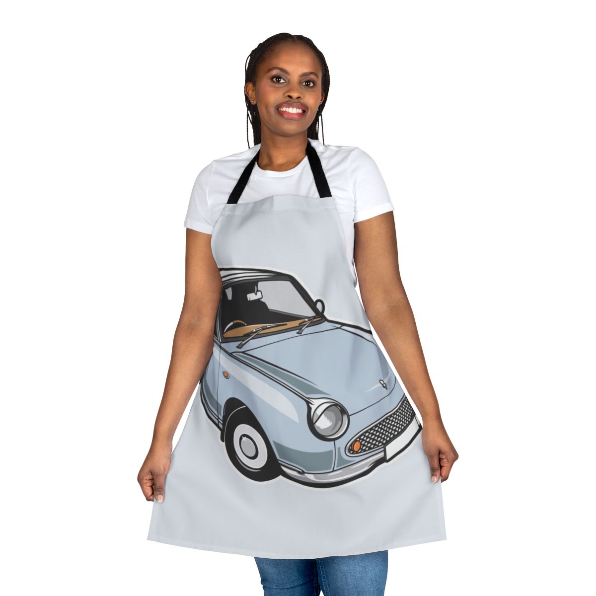 Pale aqua apron featuring a graphic of the Nissan Figaro, a beloved vintage Japanese car.
