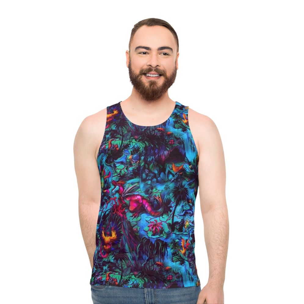 Paleo party dinosaur tank top with trippy neon prehistoric creatures
