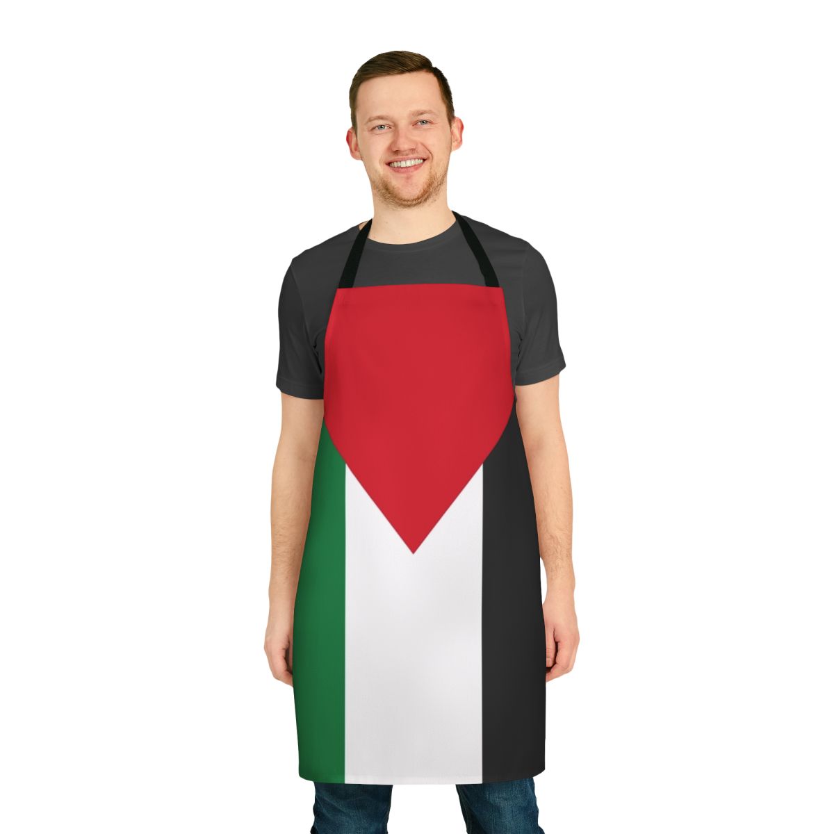 Palestinian-inspired apron featuring the flag of Palestine and a peace sign design