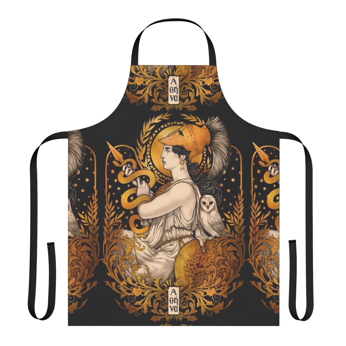 Pallas Athene-inspired apron with art nouveau design, featuring Greek goddess imagery, owls, snakes, and other mythological elements.