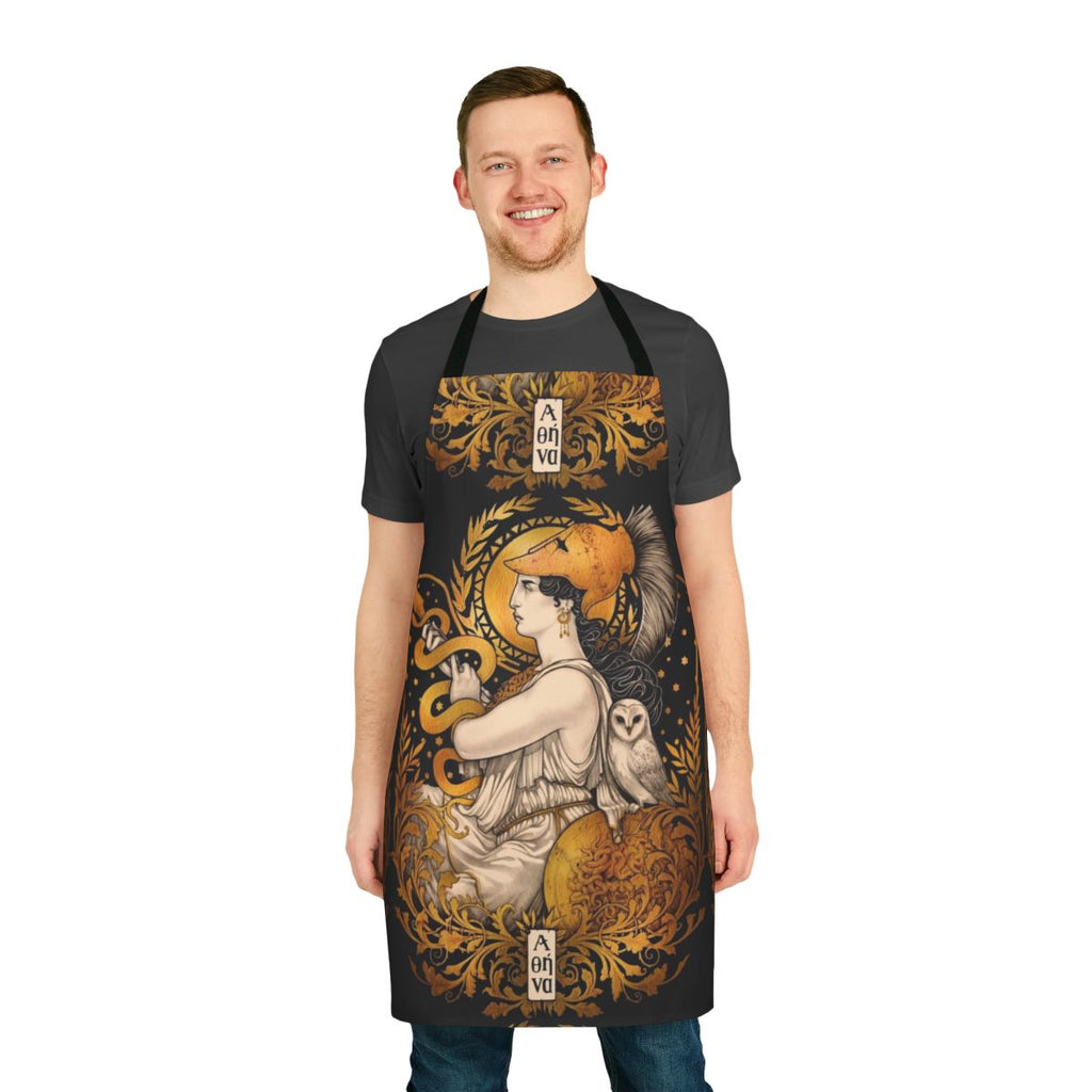 Pallas Athene-inspired apron with art nouveau design, featuring Greek goddess imagery, owls, snakes, and other mythological elements.